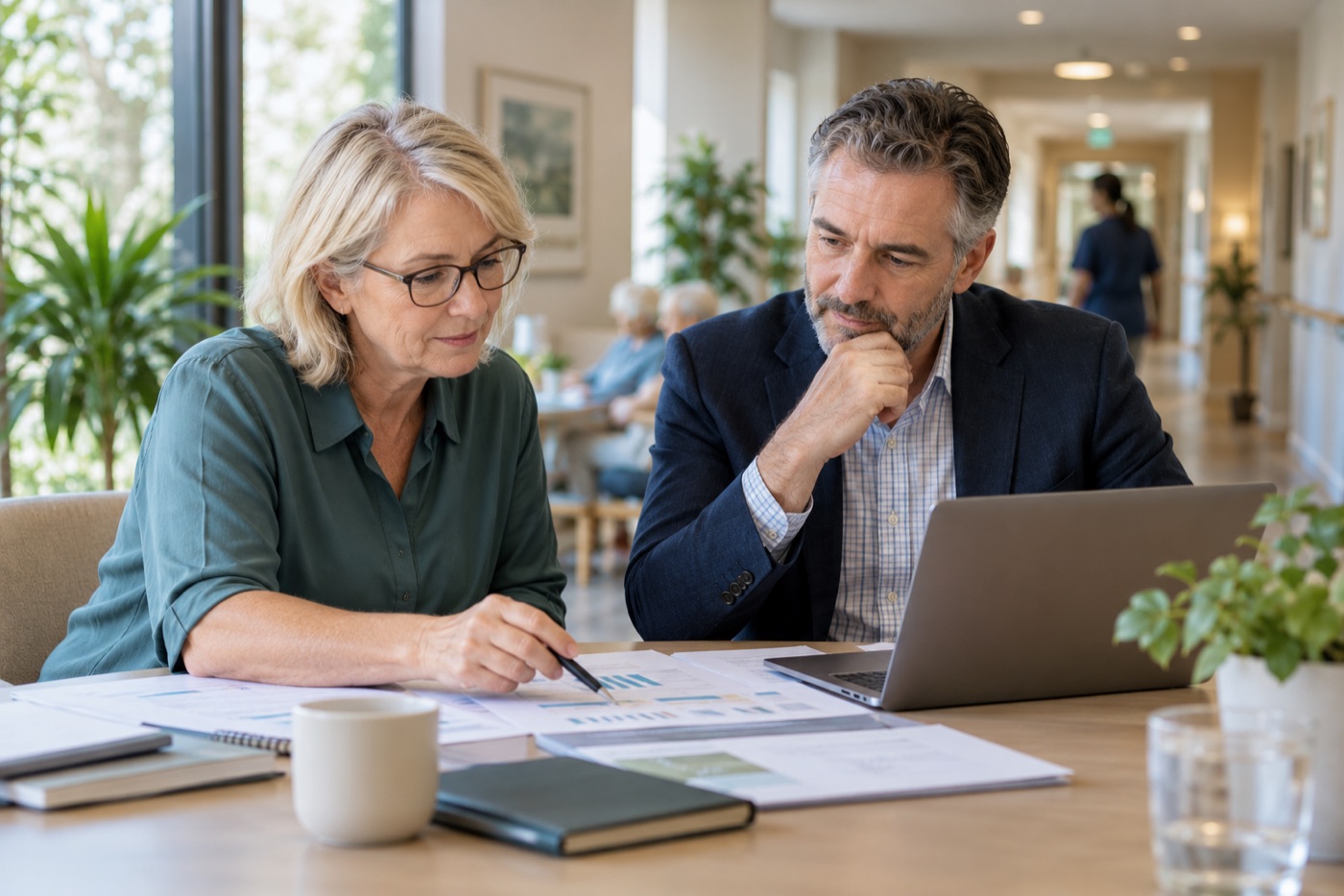 Two care-sector operators reviewing financial plans at a table