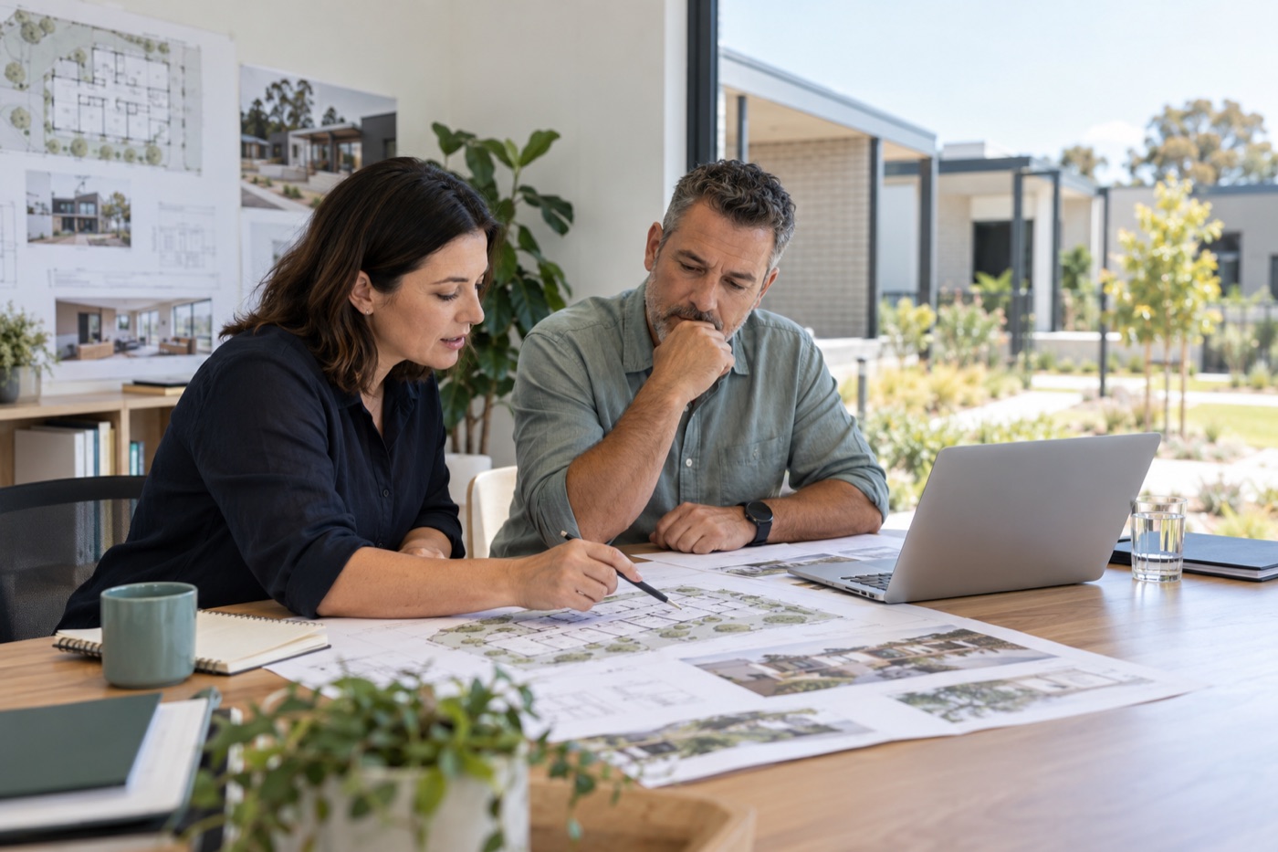 Two project leaders reviewing plans for a new care property